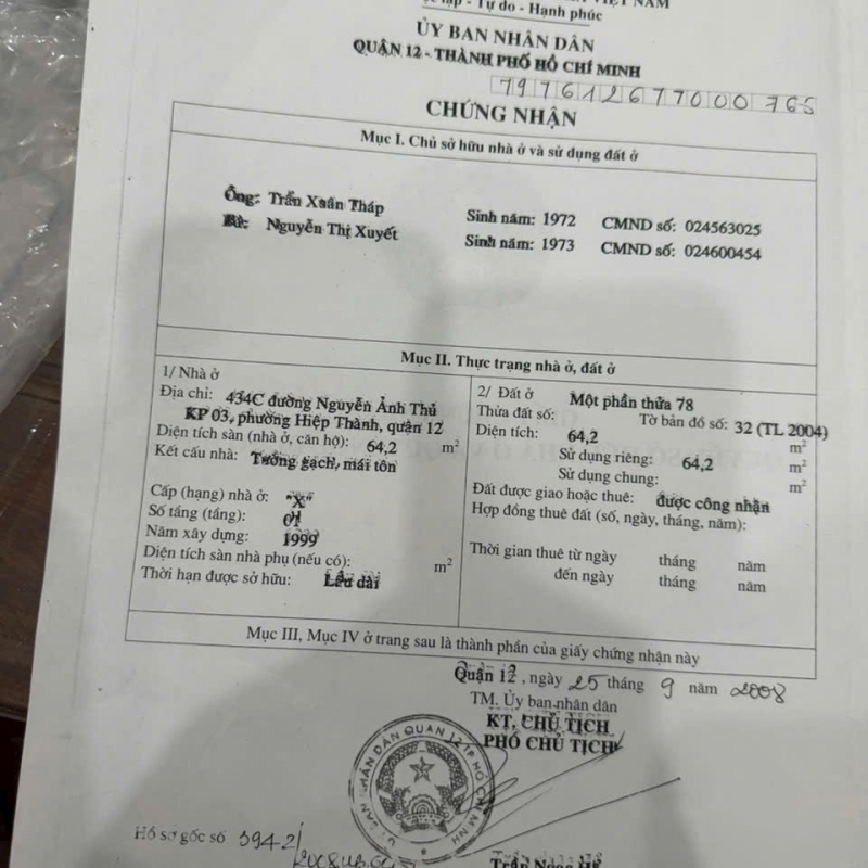 Bán nhà mặt tiền Nguyễn Ảnh Thủ